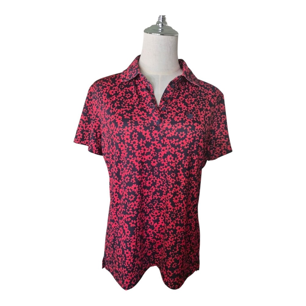 G/FORE Womens Golf Polo Shirt L Red Black Floral Performance Stretch Preppy